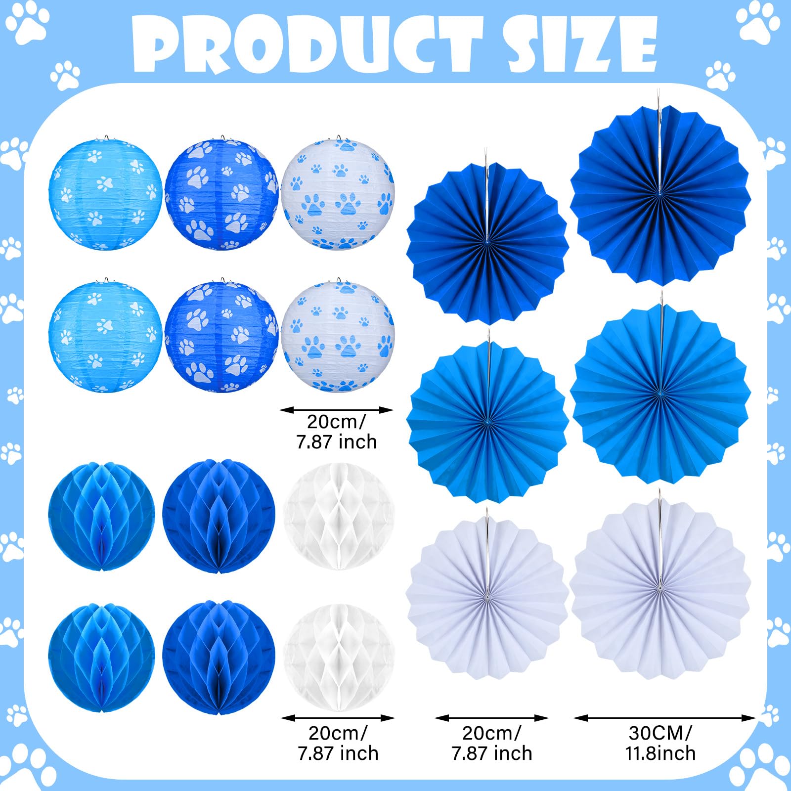 Retisee 18 Pcs Dog Paw Party Decorations Kit Puppy Themed Party Hanging Decorations Blue White Pet Paw Print Round Paper Lanterns Paper Fans Honeycomb Ball for Dog Birthday Classroom Ceiling Supplies