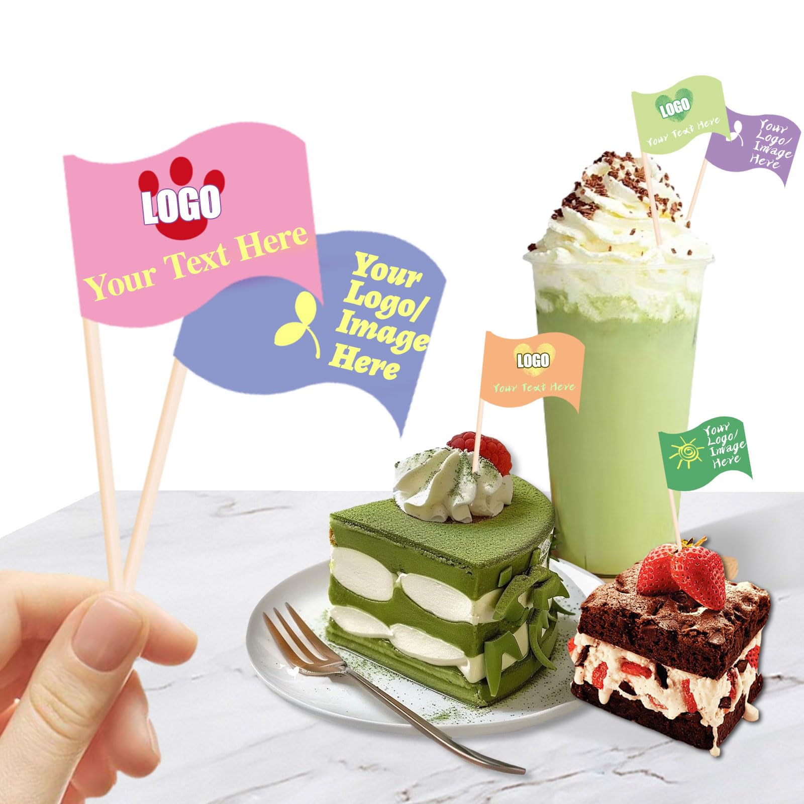 Personalised Toothpick Flags with Logo/Photo 100Pcs, Personalised Cheese Markers for Hamburger Cupcakes Toppers Party Decoration Food Labeling (Style 1)