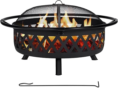 Miniatura 1 de SUNCREAT Hoguera de patio de 42 pulgadas con pantalla de malla para chispas, hoguera al aire libre con póker para chimenea, color negro