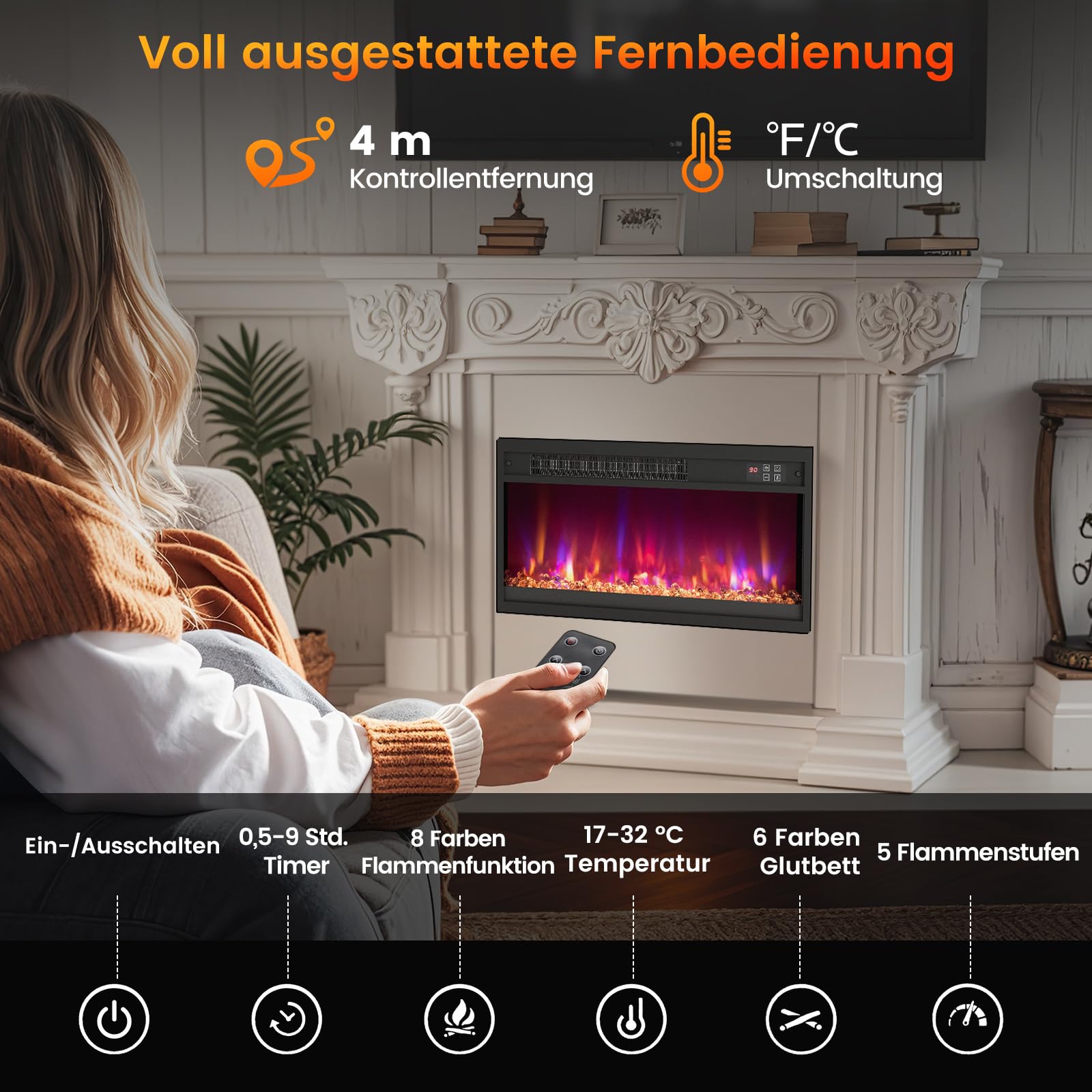 COSTWAY Elektrische open haard met verwarming, 1500 W, inbouwhaard met afstandsbediening, 0,5 - 9 uur timer, instelbaar 3D-vlameffect, wandhaard met 17 tot 32 °C thermostaat (68,3 x 11,7 x 34 cm, 26