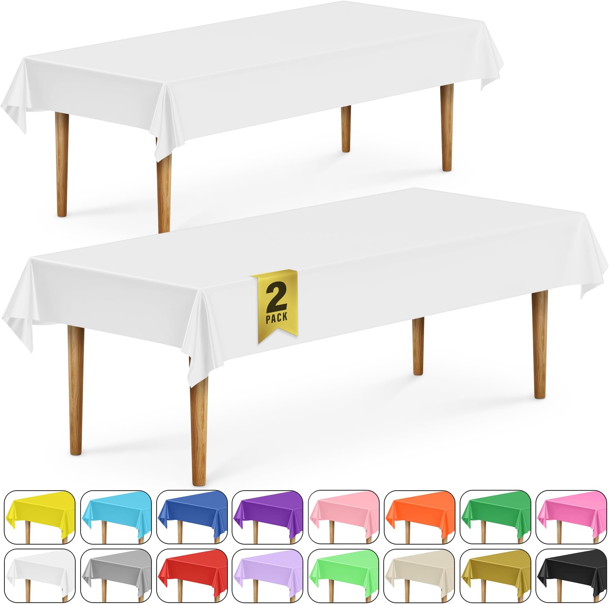 DecorRack 2 Rectangular Tablecloths, BPA-Free Plastic, 54 x 108 Inch, Disposable or Reusable Table Cover for Parties, Picnic & Outdoor, White (2 Pack, Individually Wrapped)