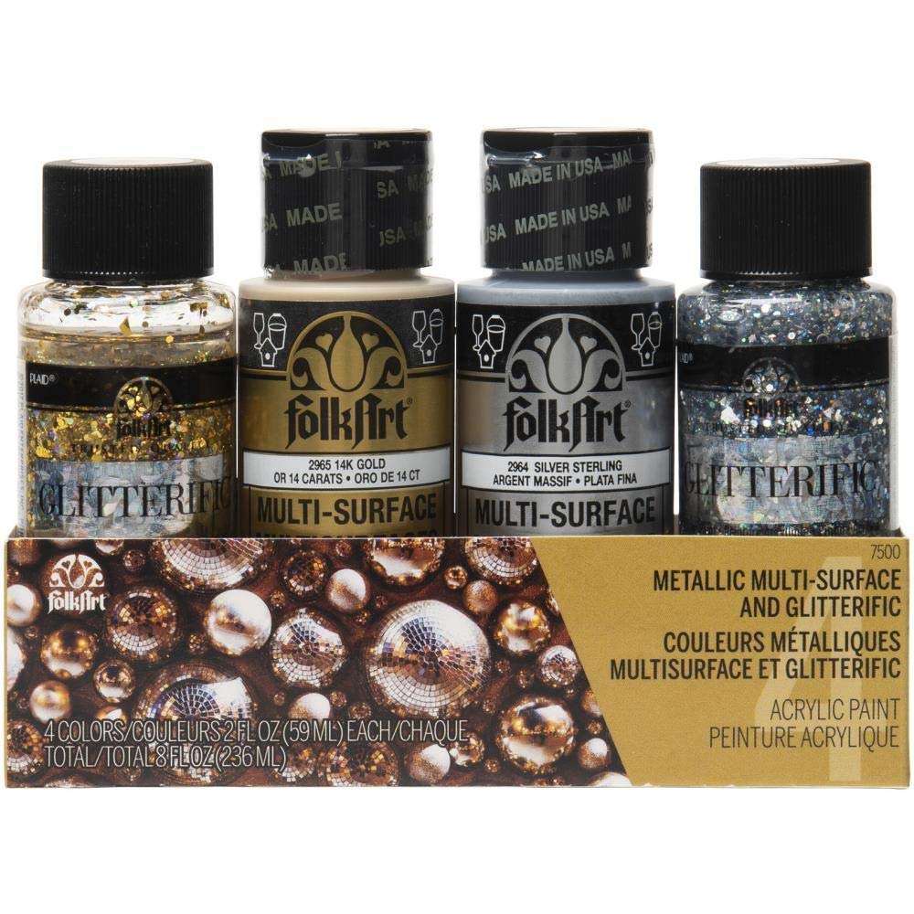 FolkArt 7500 Multi-Surface Metallic and Glitterific Paint Set, Set of 4, 2 fl oz
