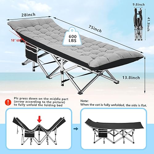 Miniatura 8 de HABUTWAY Catre de campamento, catre portátil para adultos, cuna de dormir de 28 pulgadas de ancho, carga máxima de 600 libras con colchón grueso y