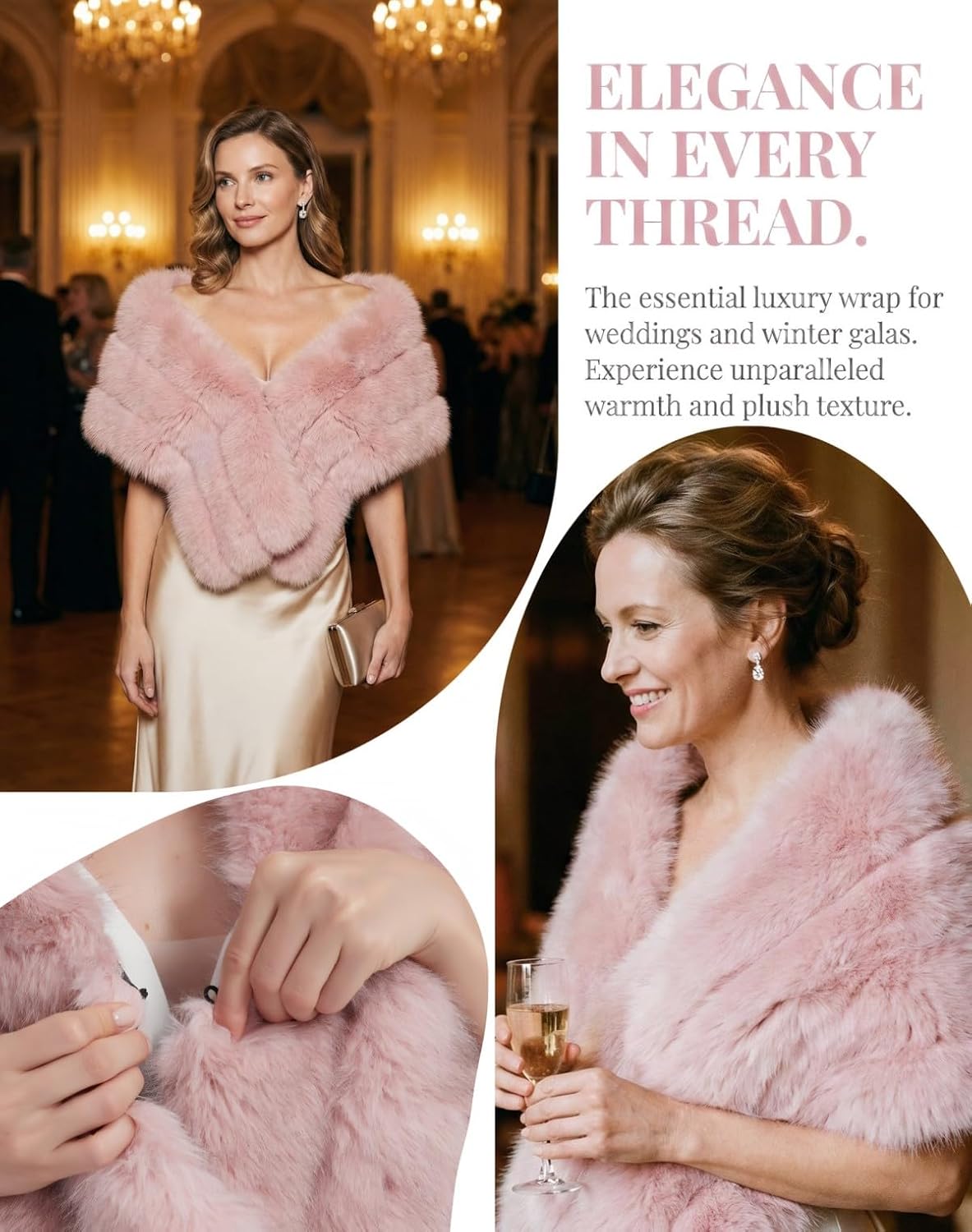 DJBM Women Luxury Faux Fur PU Leather Shawl Winter Fluffy Cover Up Wraps for Wedding Bridal Party