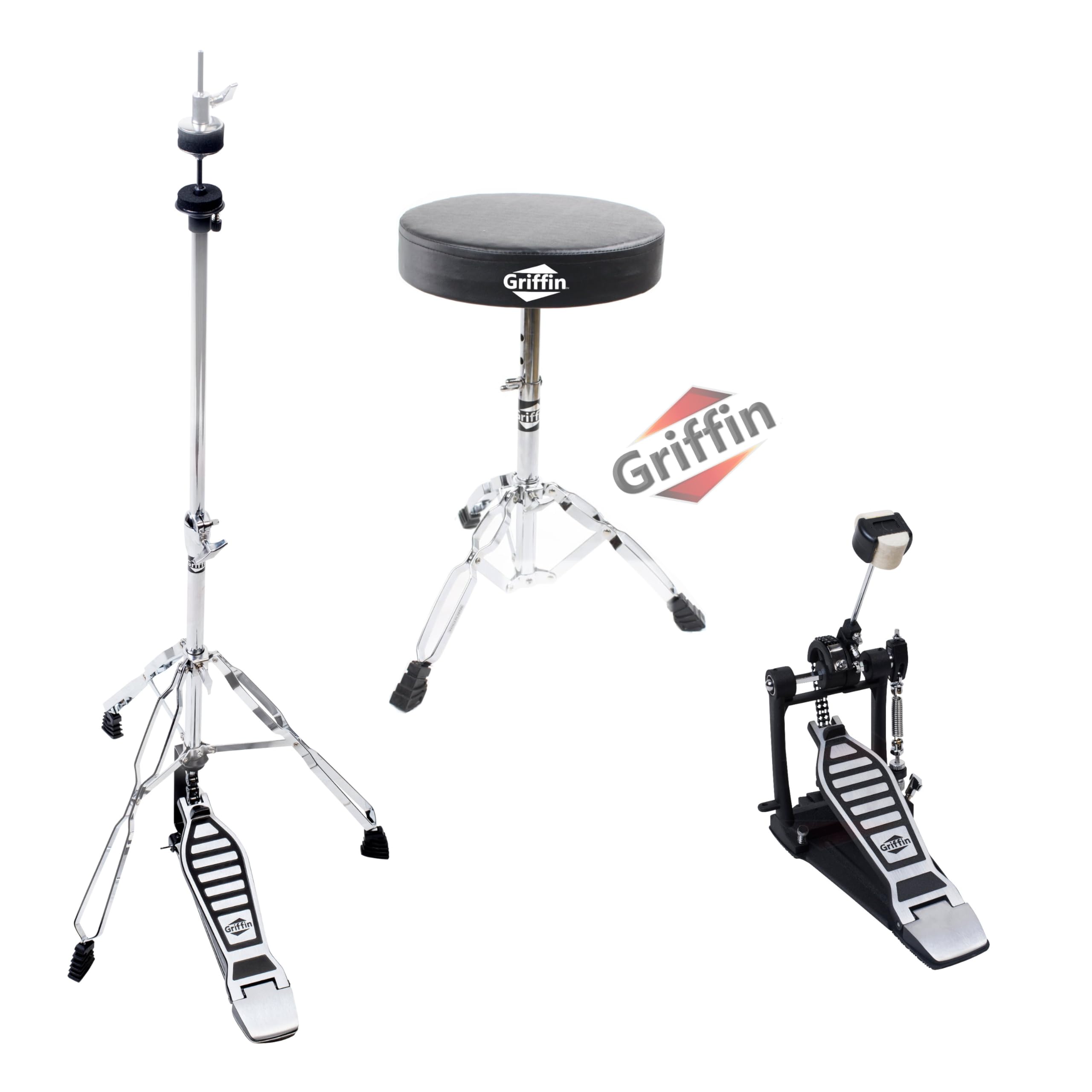 GRIFFIN 3 Pack Drum Hardware Combo Set (ChromeElite Edition) – Bass Kick Pedal, Drum Throne & Hi-Hat Stand – Percussion Kit for Mounting Crash, Ride & Splash Cymbals