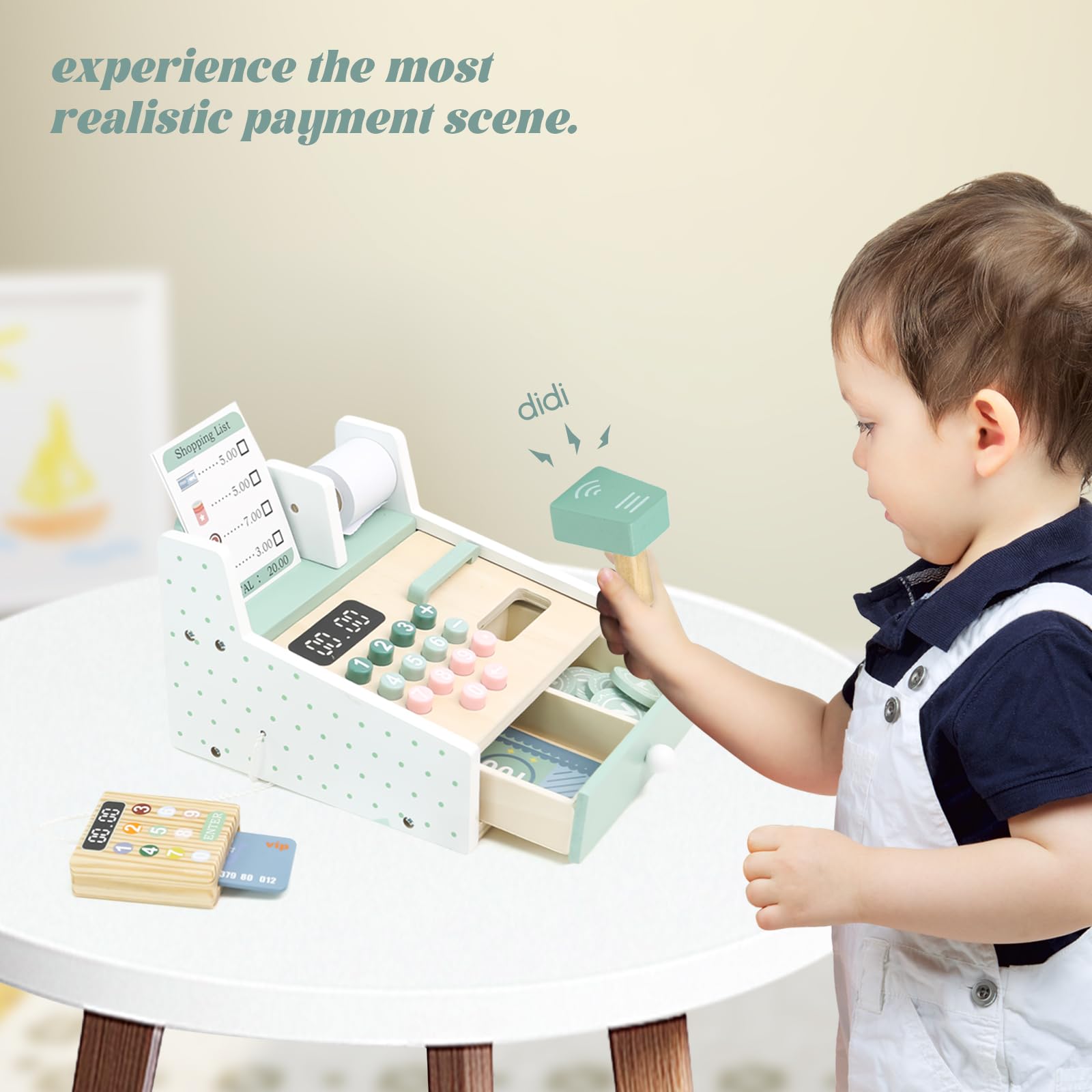 Cassa in legno per bambini, registratore di cassa per bambini 3-5 anni, giocattolo contabile con scanner e carta di credito, cassa per bambini, negozio di alimentari, giocattolo di cassa con