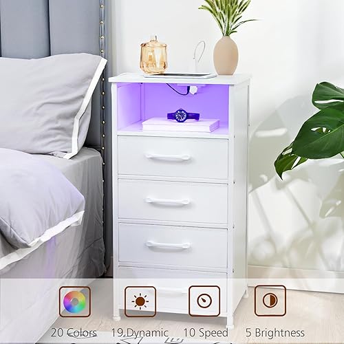 Miniatura 4 de LOAKEKEL Juego de 2 mesitas de noche blancas con estación de carga, mesas auxiliares con 3 cajones de tela, mesita de noche con puerto USB tipo C y