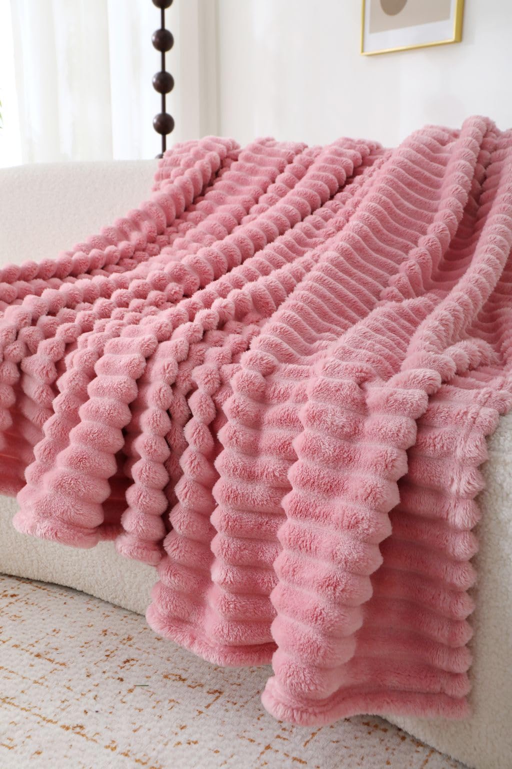 L S U Chunky Ribbed Cord Throw Blanket Fleece Warm Cozy Sofa Bed Throw Double,King Size (double blush)