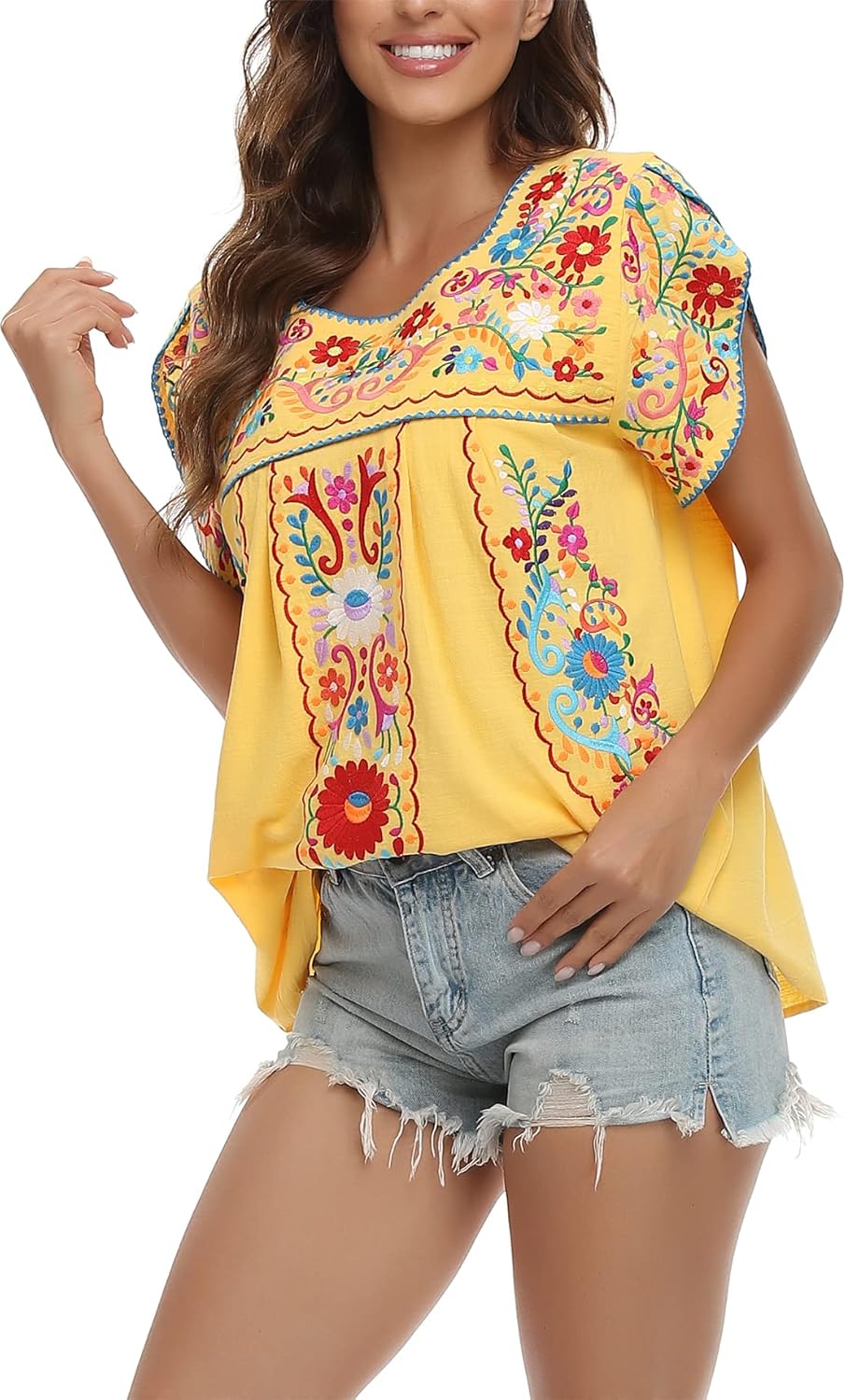 YZXDORWJ Women's Summer Boho Embroidery Mexican Bohemian Tops Shirt Tunic - Image 9