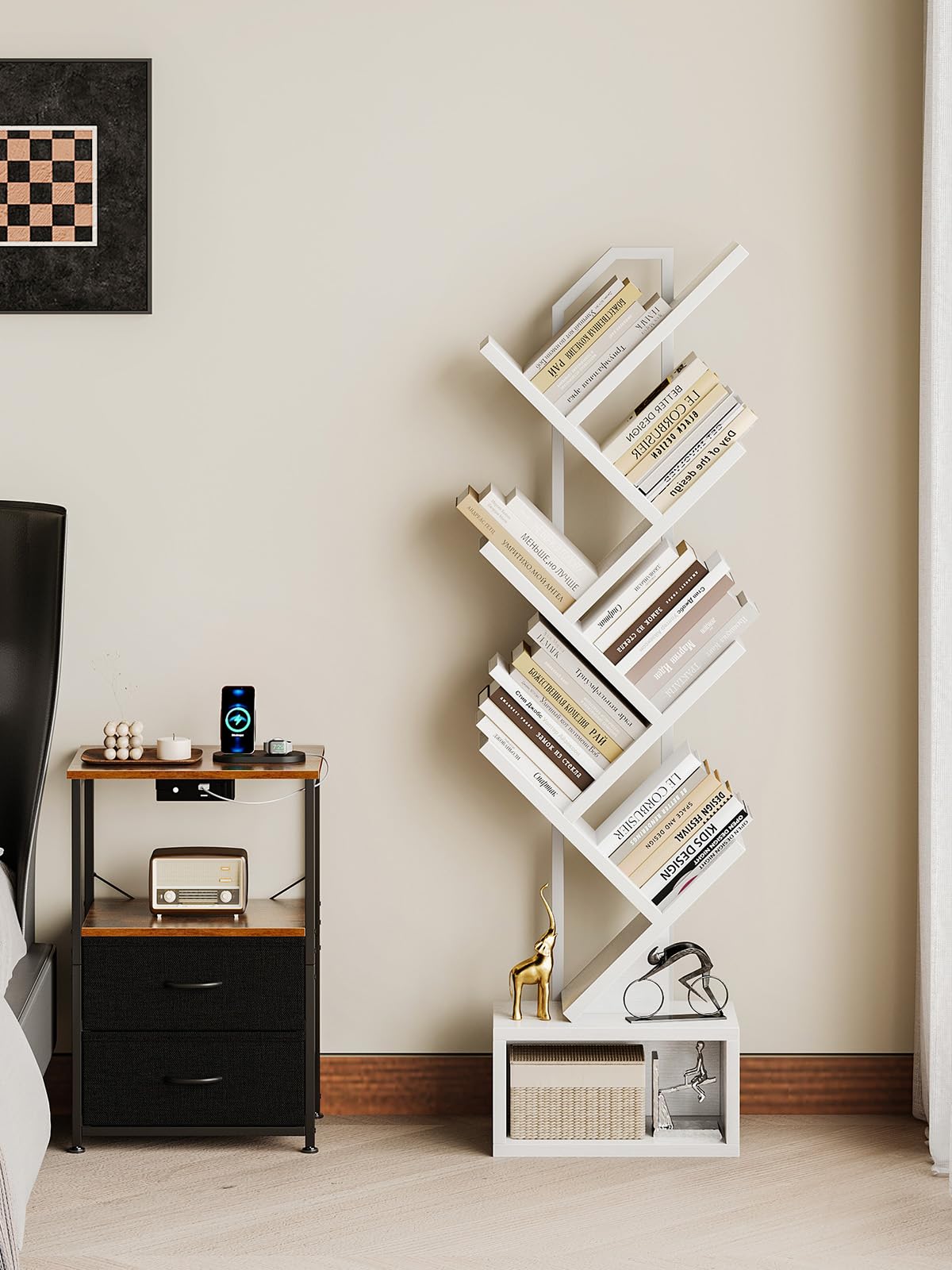 Coleshome Estantería de árbol, Libería de Pie con 6 Niveles, Estantería de Madera Adecuado para Salas y Dormitorios, Blanco