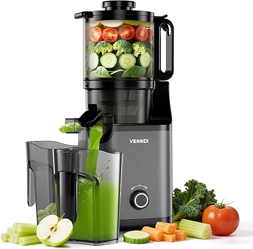 VENNEX Exprimidor de prensa en frío, sin BPA, canal de alimentación extra grande de 5.7 pulgadas, máquina extractora de jugo con doble barrena para