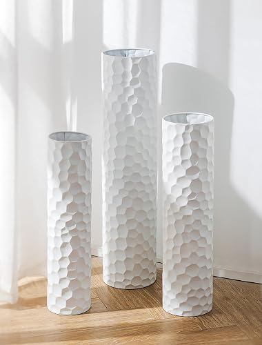 Sziqiqi White Tall Floor Vase Hammered Standing for Living Room, Set of 3 | 27/20/16in Metal White Vase for Dried Flowers, Extra Large Floor Vase for Home Decor Living Room Indoor Fireplace Corner