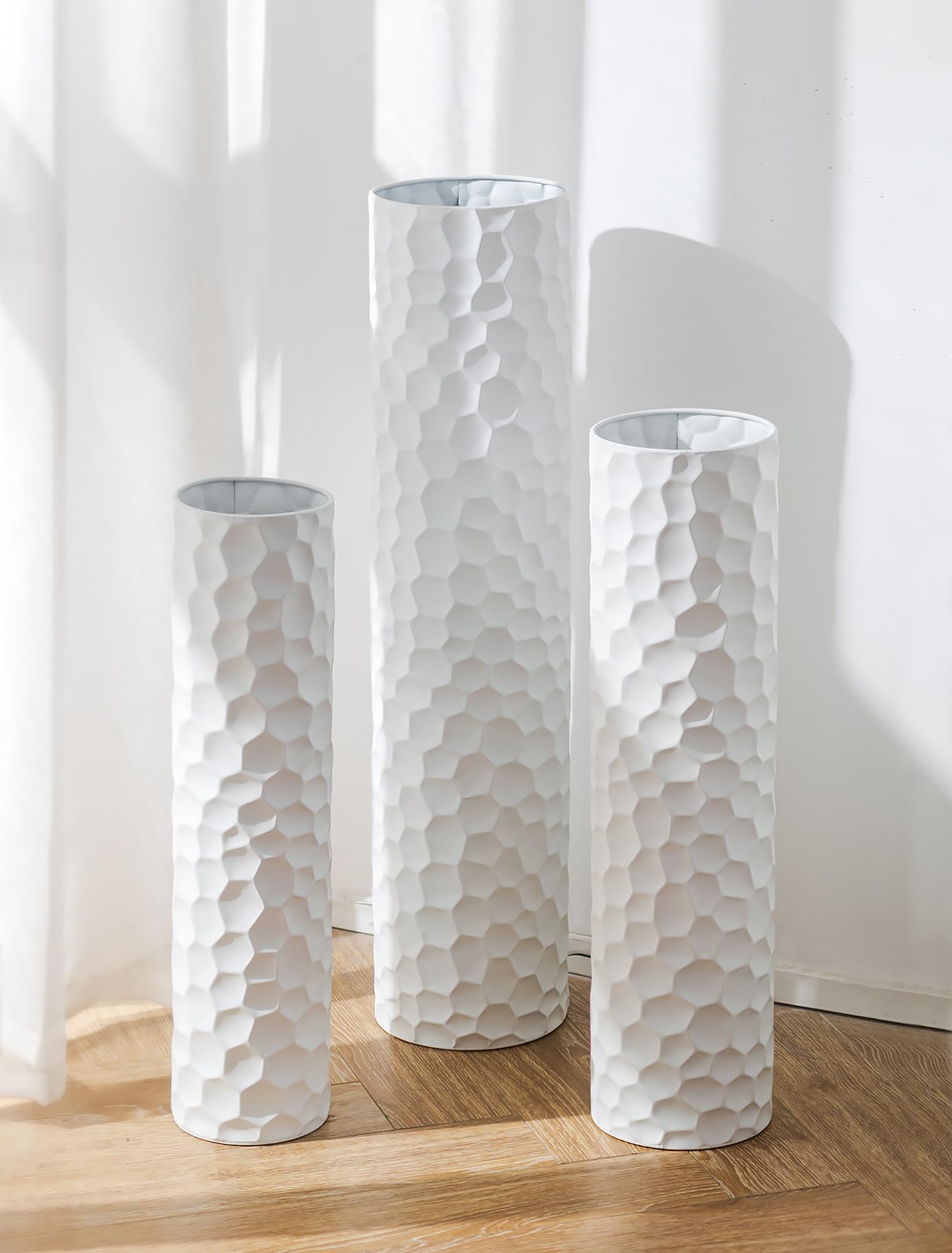 Sziqiqi Vaso da Terra Alto Bianco: Vasi Alti Extra Grandi Per Soggiorno 70/60/50 cm - Metallo Vaso da Pavimento Giganti Alti Set di 3 per Camera da Letto Ufficio Corridoio