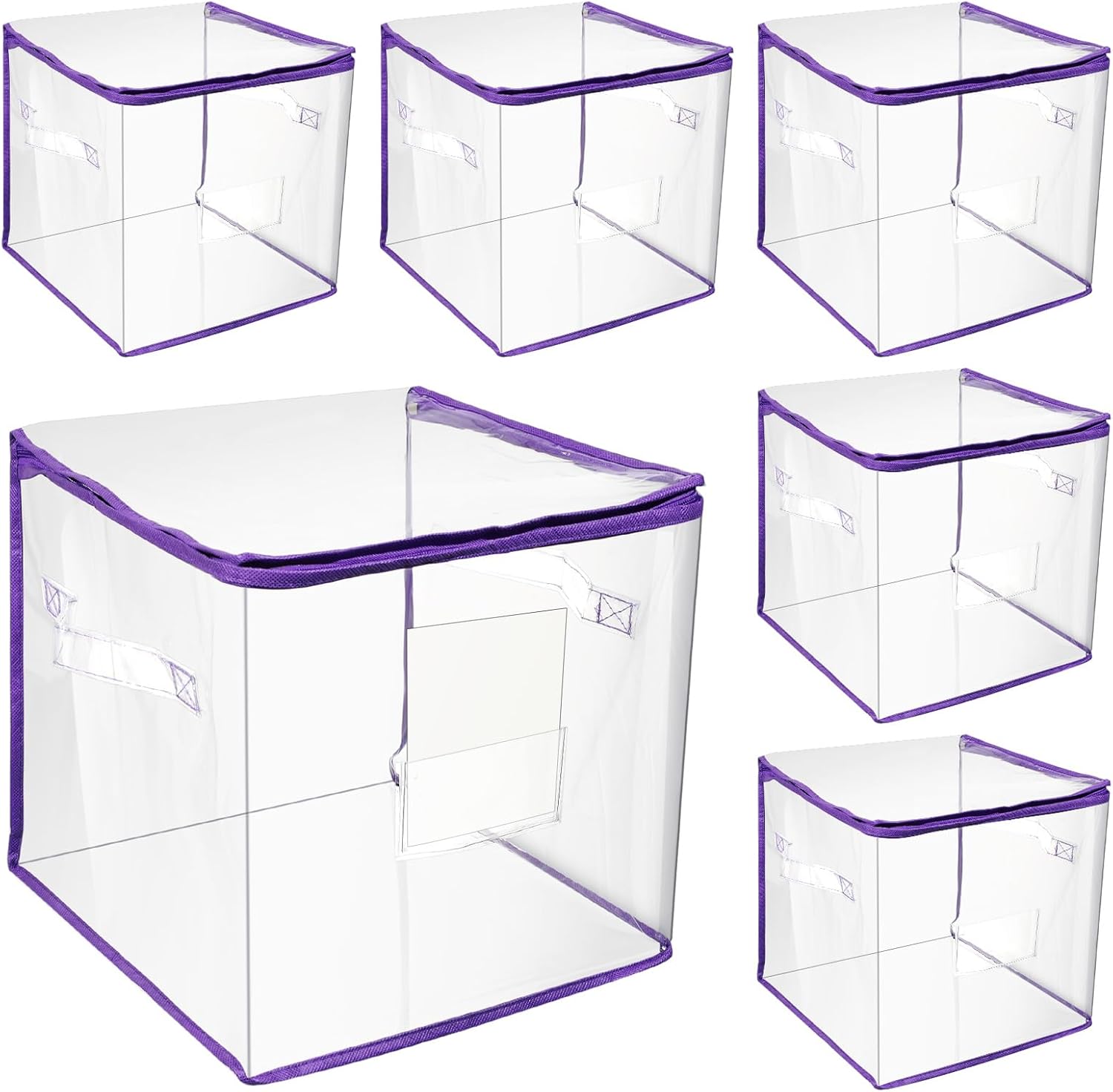 Abbylike 6 Pcs 12'' Zippered Clear Plastic Storage Bags with Label Pocket and Handles Plastic Storage Bins Clear Moving Bags Waterproof Organizers Tote Bins for Closet Sheet Clothes Packing(Purple)