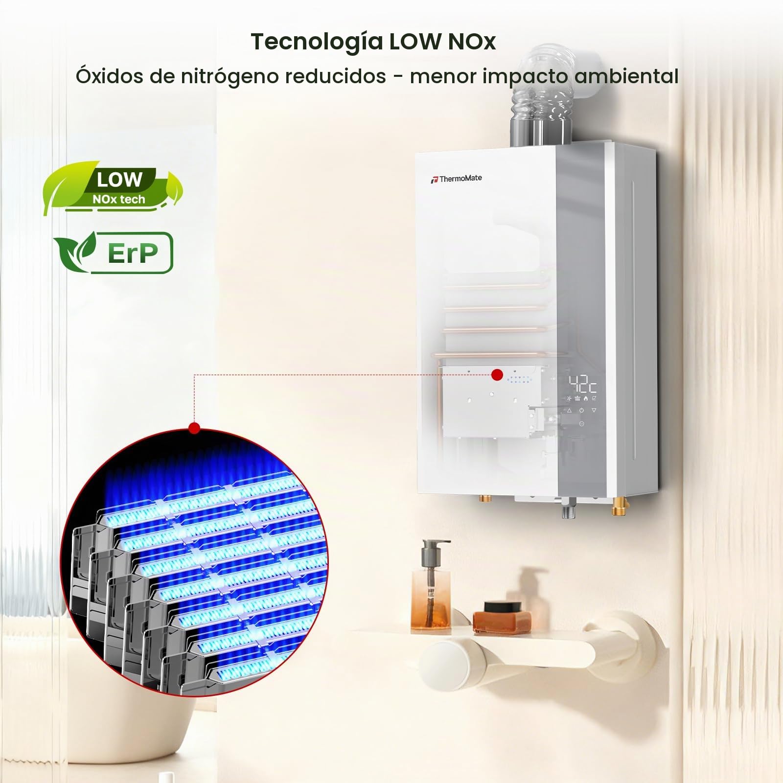 Calentador de agua instantáneo de gas para interiores ECO, ThermoMate 12 litros ErP/Calentador agua a gas natural con bajas emisiones de NOx, calentador de agua doméstico para cocinas y baños