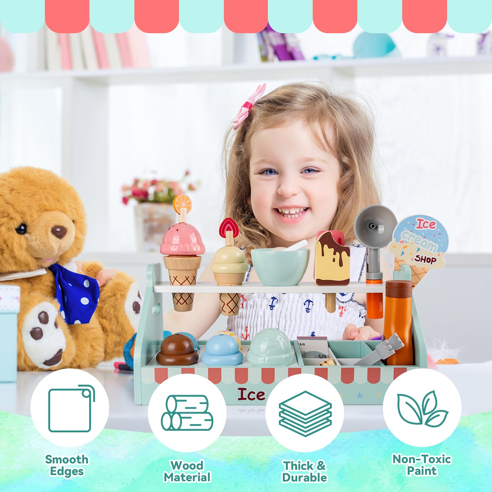 Cuisine Jouet 3 Ans Glacière Jouet En Bois Pour Enfants - Comptoir à Glaces - Jeu De Rôle - Cadeau 3 Ans Et Plus - Montessori Jeu De Rôle Enfant 3 Ans