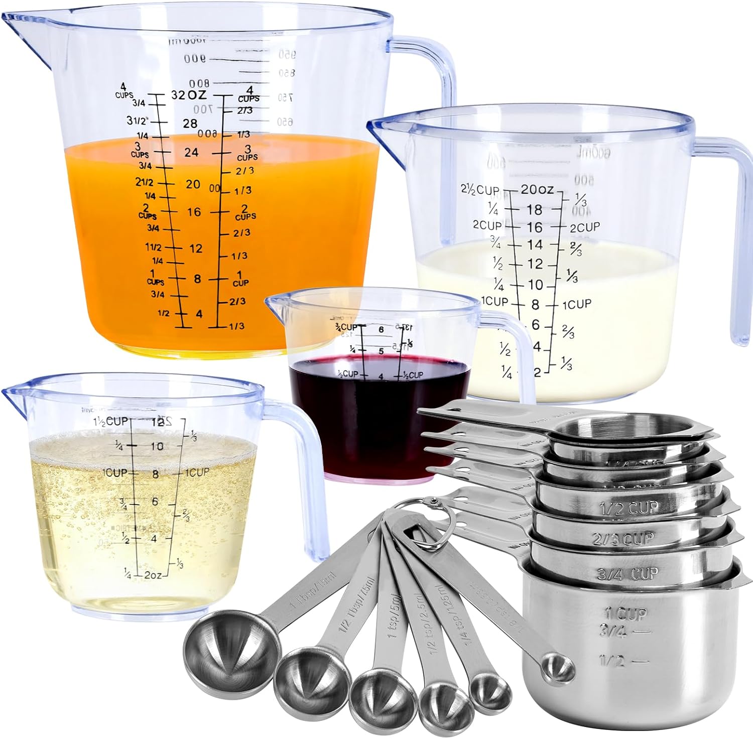 7x Stainless Steel Measuring Cups with 6x Measure Spoons Set,4x Plastic liquid Measurings Cups for Liquids,Kitchen Gadgets for Cooking & Baking Utensils Christmas Gift (17Pcs)