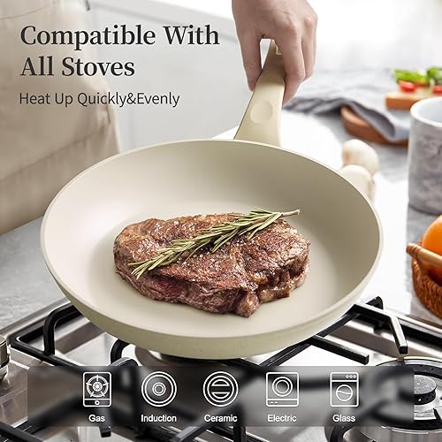 Miniatura 5 de Juego de utensilios de cocina antiadherentes de granito, 3 sartenes de inducción, sartenes de huevo y tortilla con tapas, saludables, no tóxicos,