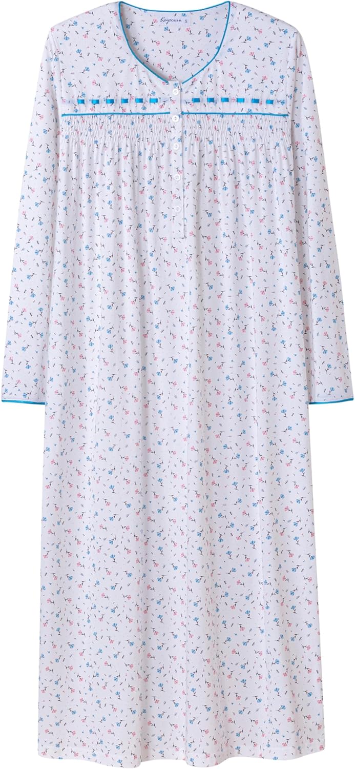 Keyocean Nightgowns for Women, Soft Cotton Comfy Lightweight Embroidered Long-sleeve Nightdress