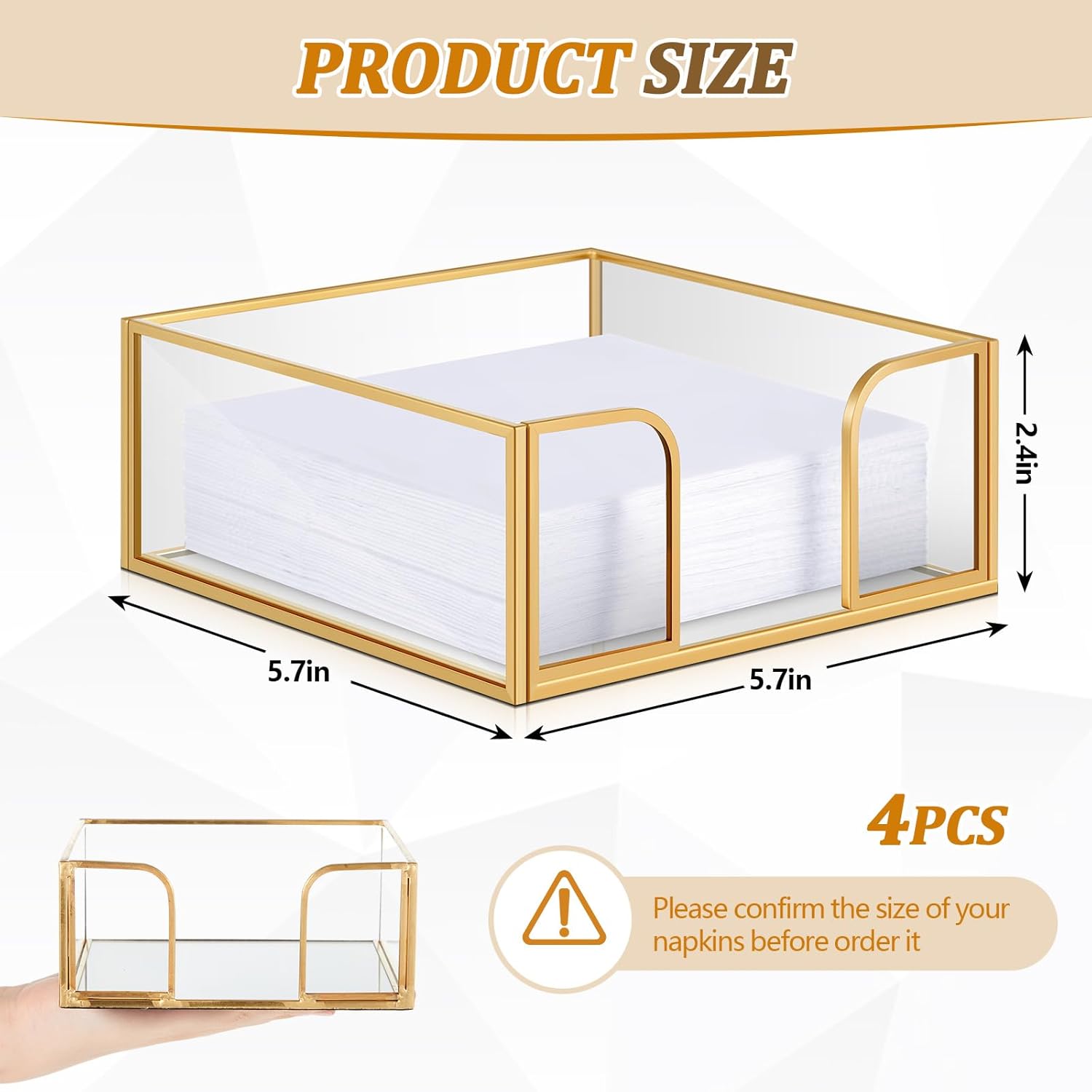 LemonRoad 4 Pcs Square Gold Napkin Holder for Table 5.7 x 5.7 Inch Decorative Cocktail Napkin Holder Glass Flat Paper Basket for Kitchen Dining Buffet Bar Counter Wedding Party Restaurant Bar Hotel