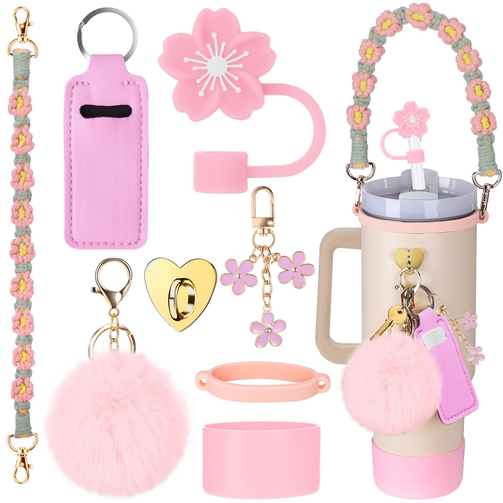 Mity rain 8PCS Cup Accessories for Stanley Cup 30oz 40oz Tumbler with Handle, Including Water Bottle Handle Strap, Chapstick Holder, Boot, Charms, Straw Topper Cover Cap for Stanley（ Pink Green-image-11