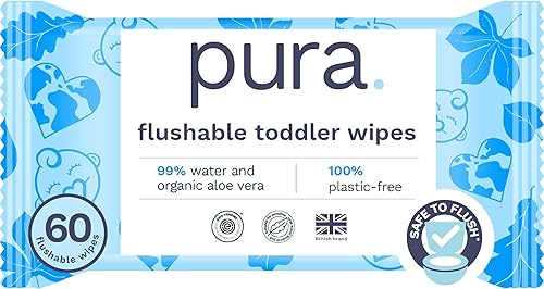 Pura Toallitas desechables para niños pequeños, 1 x 60 toallitas, 100% libre de plástico, 99% agua, hipoalergénicas y sin fragancia, totalmente
