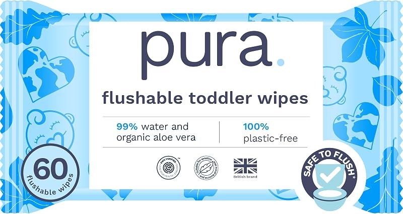 Pura Flushable* Toddler Wipes 60 Count with Aloe Vera Sensitive Skin | Truly Safe to Flush*, Perfect for Potty Training, 99% Water & Aloe Vera, 0% Perfume, Chlorine & Toxins*