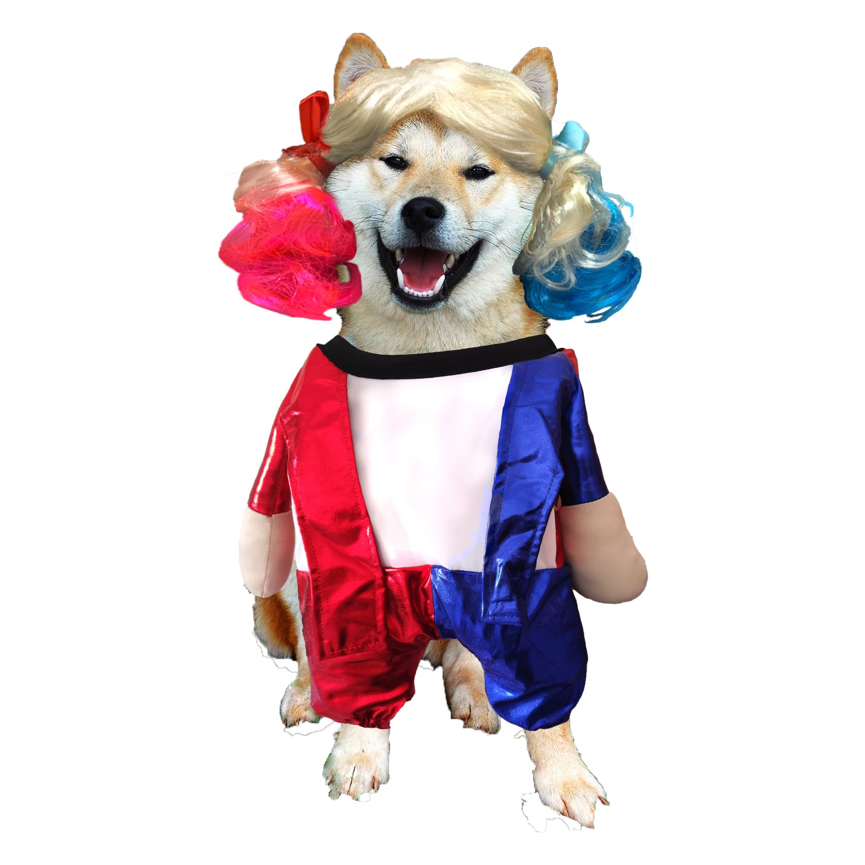 Disfraz y Peluca de Quinn para Perro Mascotas, 3 Tallas, Incluye Disfraz y Peluca con Goma Elástico, Fácil de Poner para Carnaval, Halloween, Fiesta, Cosplay. (L)