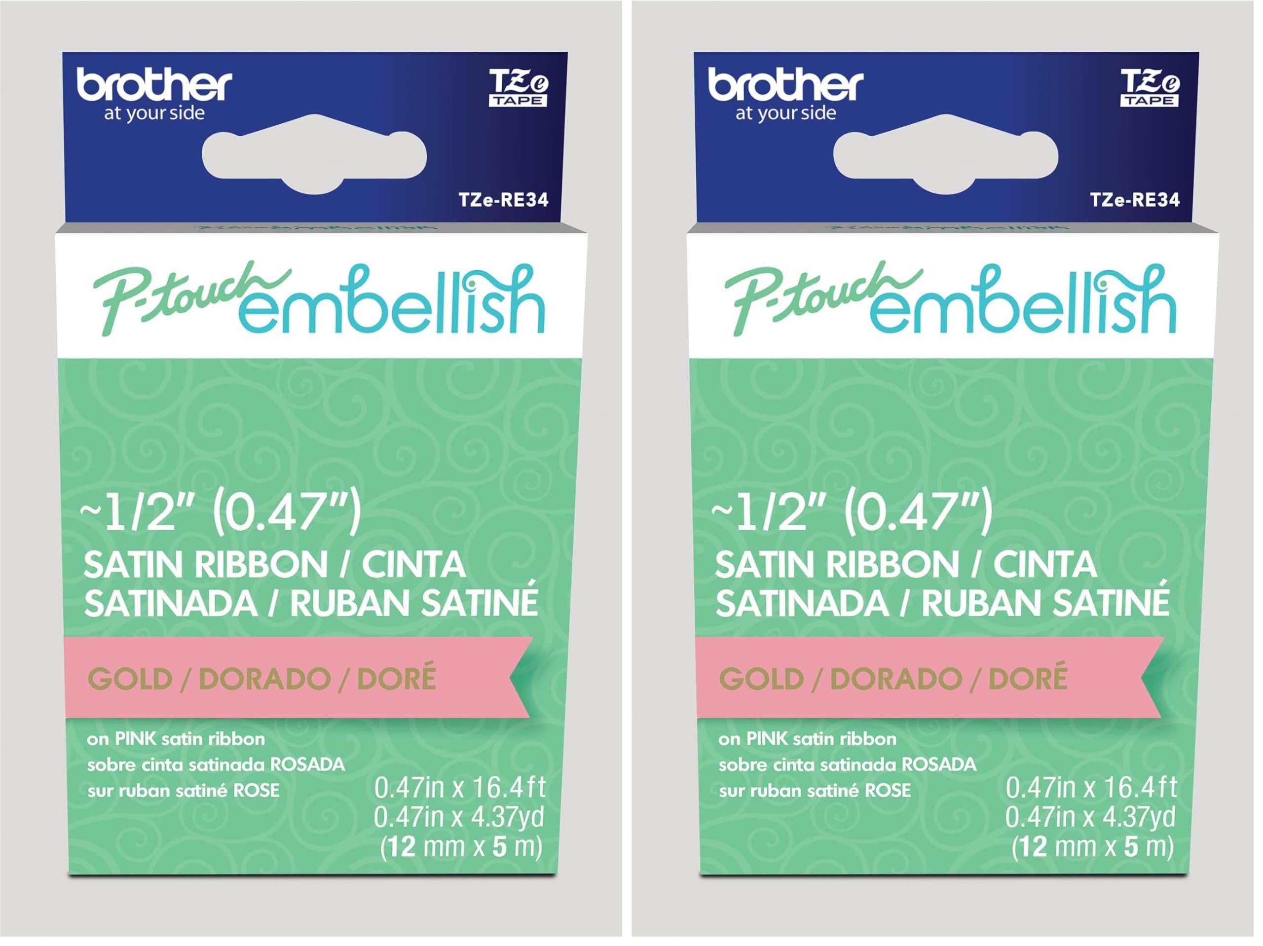 Brother P-Touch Embellish Gold Print on Pink Satin Ribbon TZERE34 ~½” Wide x ~13.1’ Long for use with P-Touch Embellish Ribbon &amp; Tape Printer (Pack of 2)