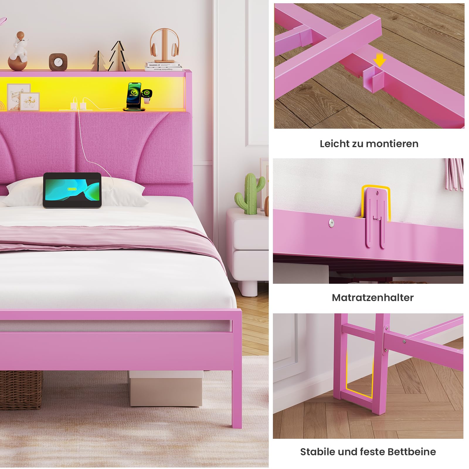 Brinlawb Mädchen Bett 90x200 cm mit LED Beleuchtung und Ladestation (2 AC-Steckdosen, 1 USB-A, 1 USB-C) Bettgestell Jugendbett mit gepolstertem Kopfteil und 2 offenen Regalen, Kinderbett 90x200 Rosa
