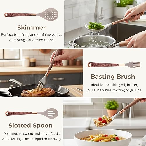 Miniatura 4 de Juego de 11 utensilios de cocina con soporte, juego de utensilios de cocina de silicona, resistentes al calor, antiadherentes, utensilios de