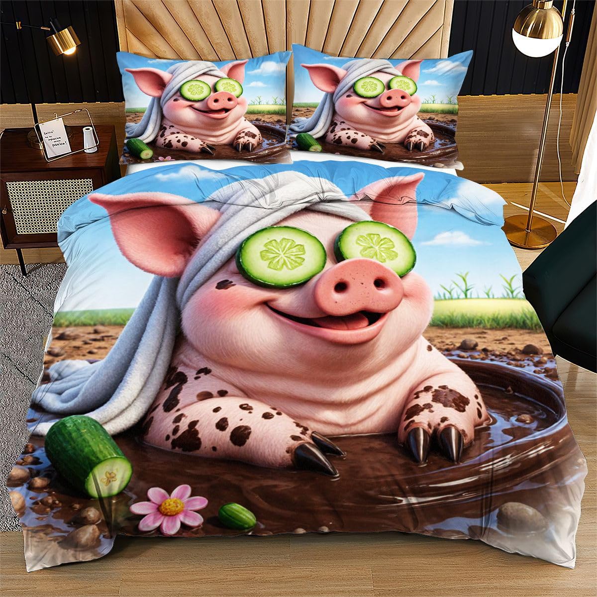 Housse de Couette 220x240 Cochons Roses avec 2 Taies d'Oreiller
