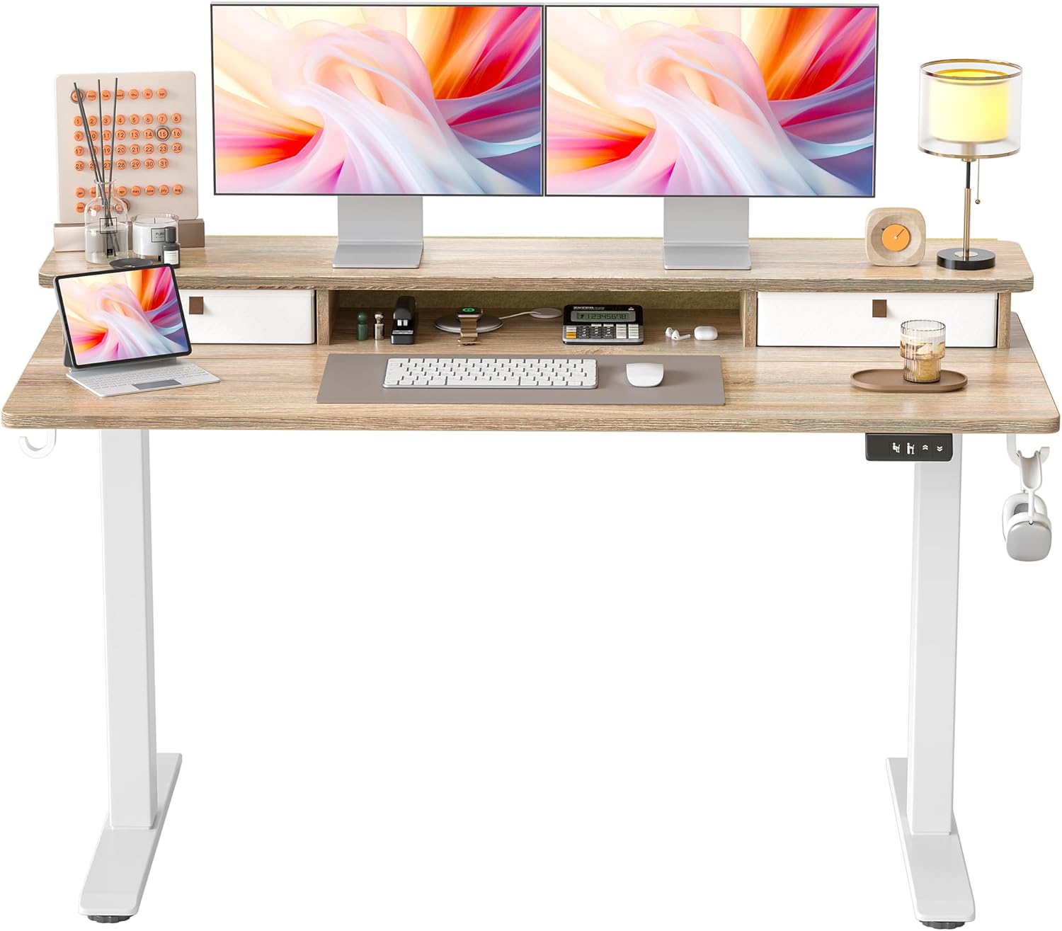 Product image of TIQLAB 55 * 24 Inch Standing Desk with Two Drawers, Stand Up Desk Adjustable Height, Electric Sit Stand Table with Storage Shelf and Splice Board, Maple