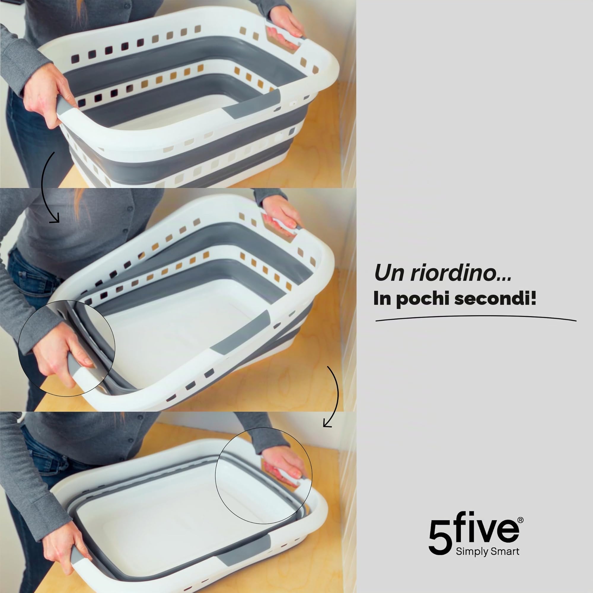 5 five simply smart 5five - Cesto de Ropa plegable de 45 l - 3 asas ergonómicas - Cesto de Ropa retráctil Rectangular - Gran capacidad - Gris y Blanco