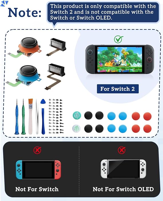 TanReginal アンチドリフト J0yc0n2 ジョイスティック アナログサムスティック Switch 2用 | J0yc0n2 2、スティック、レール、カバー、ツール、ネジ用のフル修理キット。 ドリフト、SL/SR/LEDの問題を修正。
