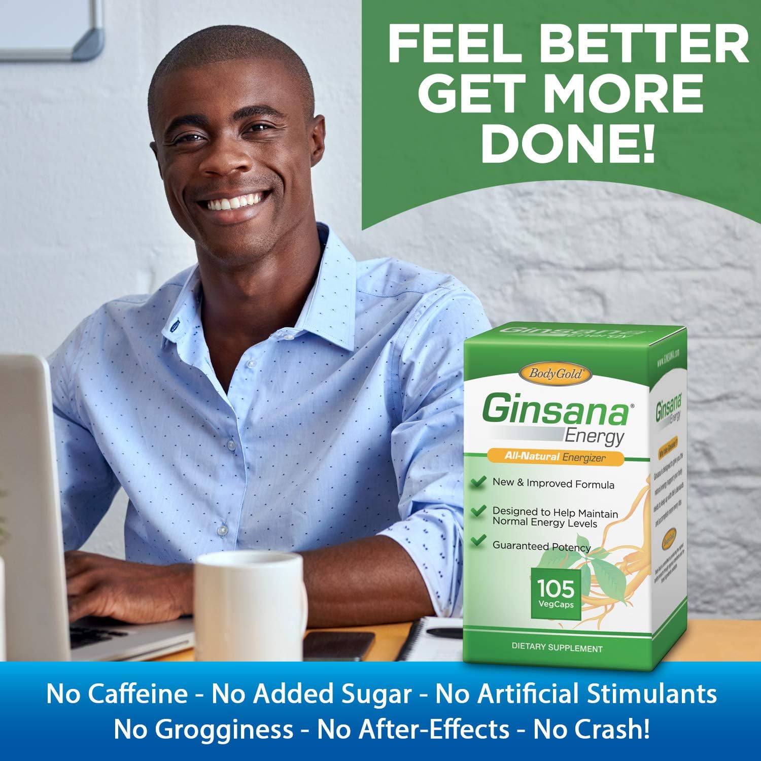 BodyGold Ginsana Energy | Panax Ginseng Extract w/Energizing Herbal Blend for Focus & Endurance | 52 Serv | 105 VegCaps : Health & Household