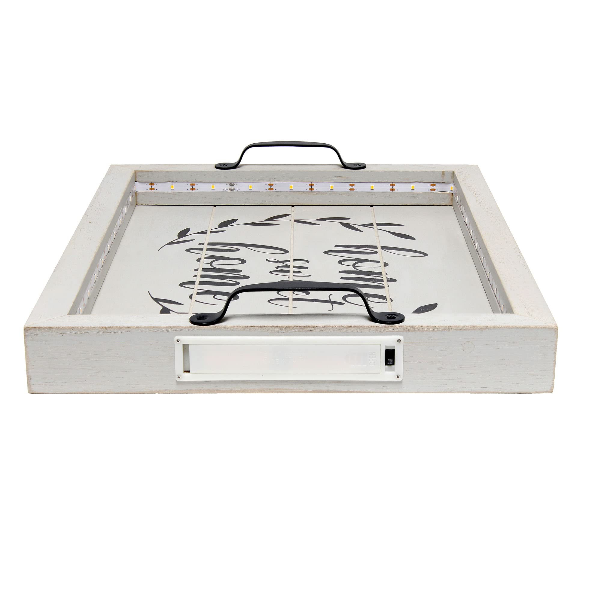 Elegant Designs HG2032-GHH Salento dom wiejski prostokątna dekoracyjna podświetlana LED drewniana taca do serwowania z metalowymi uchwytami i domem słodki dom w kolorze czarnym do dekoracji,