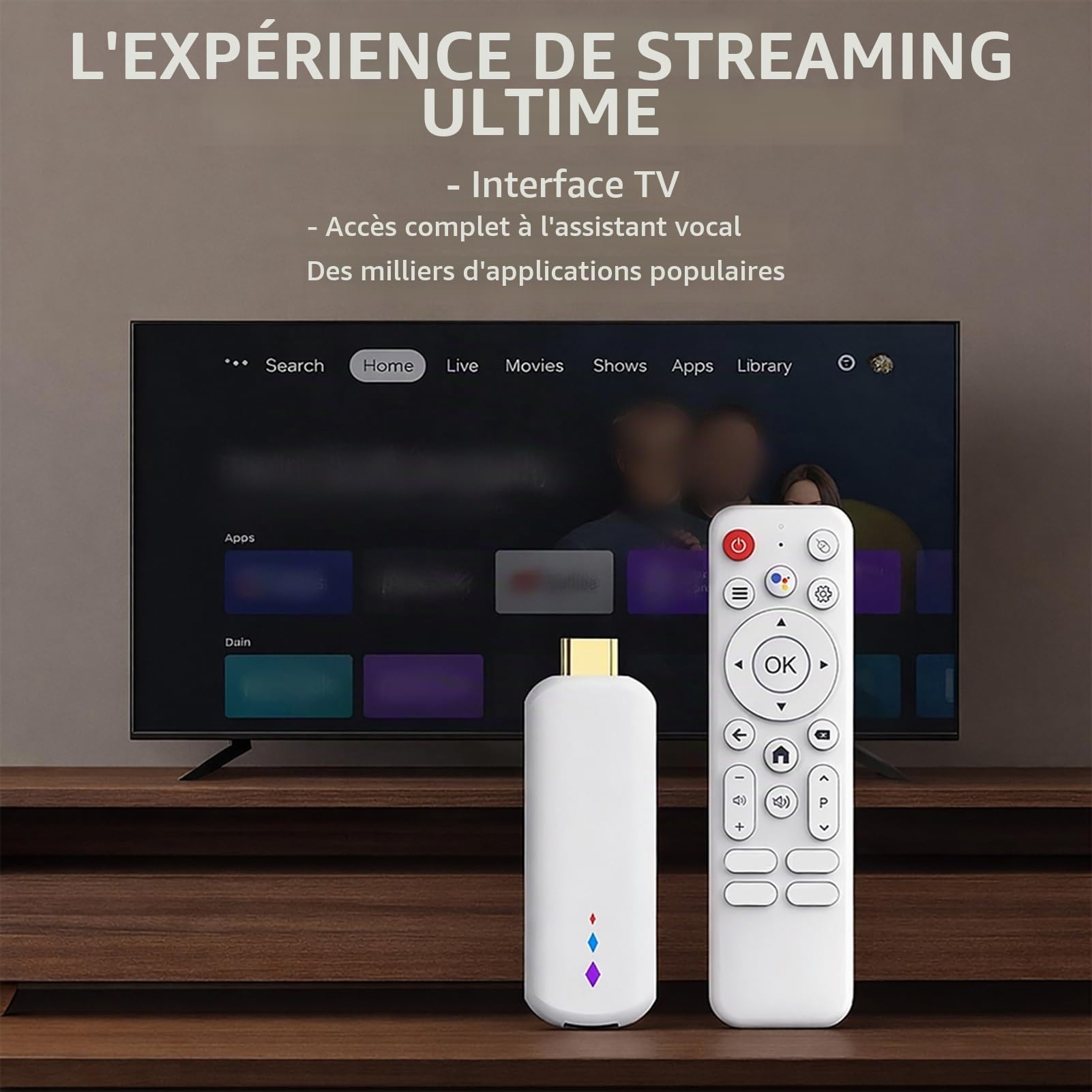 Denash Boitier TV Box Android 14.0, Appareil de Streaming 4K Ultra HD, Boîtier TV Intelligent Portable avec Télécommande Vocale pour Logiciels de Streaming, Home Cinéma