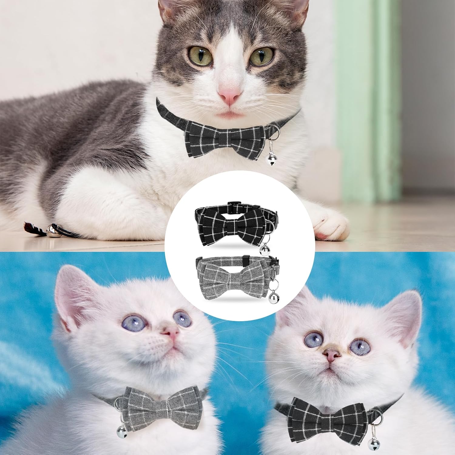 Xthrotsenk 2 Pack Cat Collar Breakaway Kitten Collar with Bell and Bow Tie Adjustable Plaid Cat Collar Cute Safety Pet Collar for Cats and Small Dogs from 8-12In(Black, Gray) 6 71ZLcS5tVcL. AC SL1500