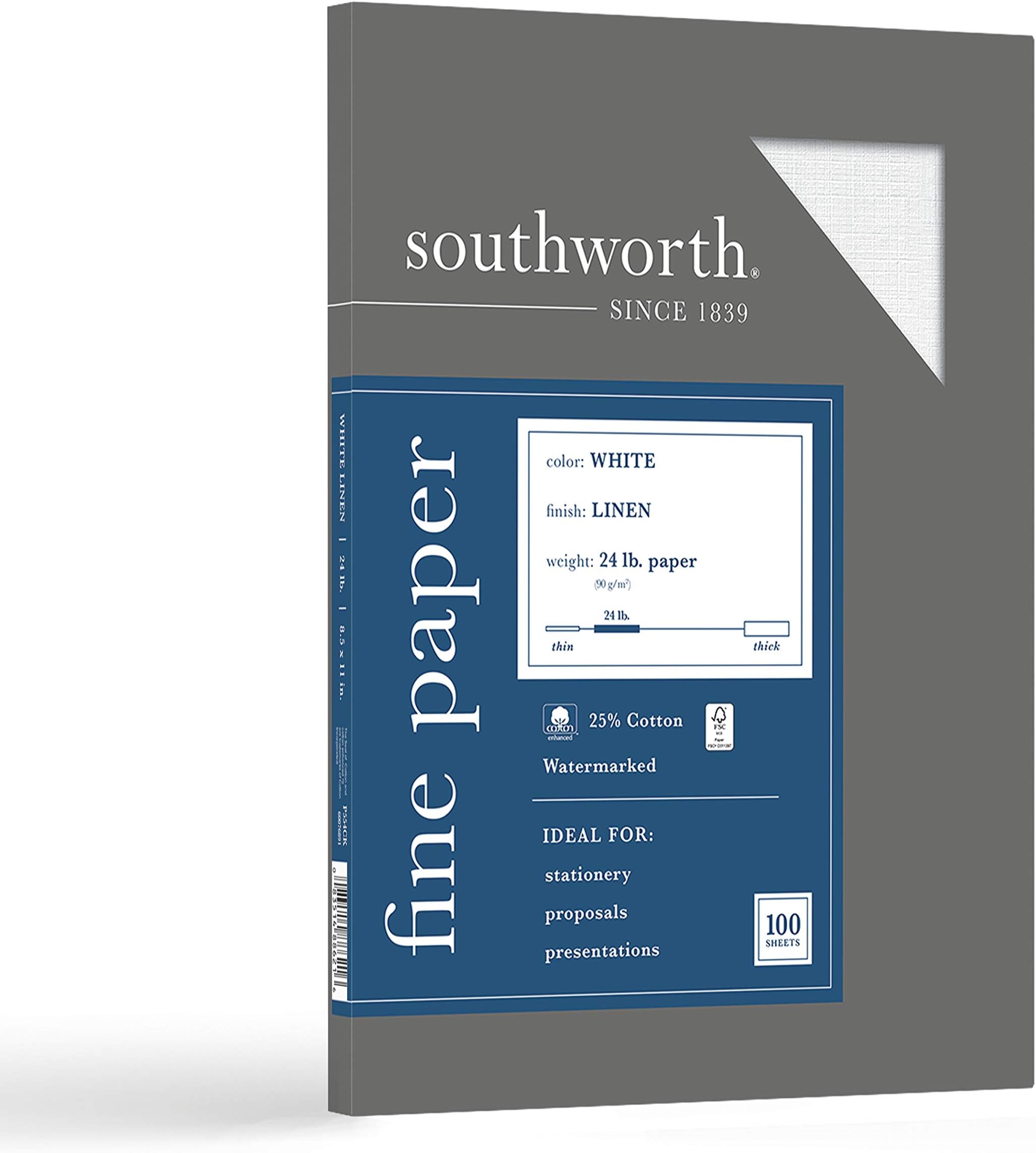 Southworth® 25% Cotton Linen Business Paper, White, Letter (8.5" x 11"), 100 Sheets Per Pack, 24 Lb, 94 Brightness