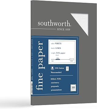 Southworth 25% Cotton Business Paper, 8.5 x 11", 24 lb/90 gsm, Linen Finish, White, 100 Sheets - Packaging May Vary P554CK