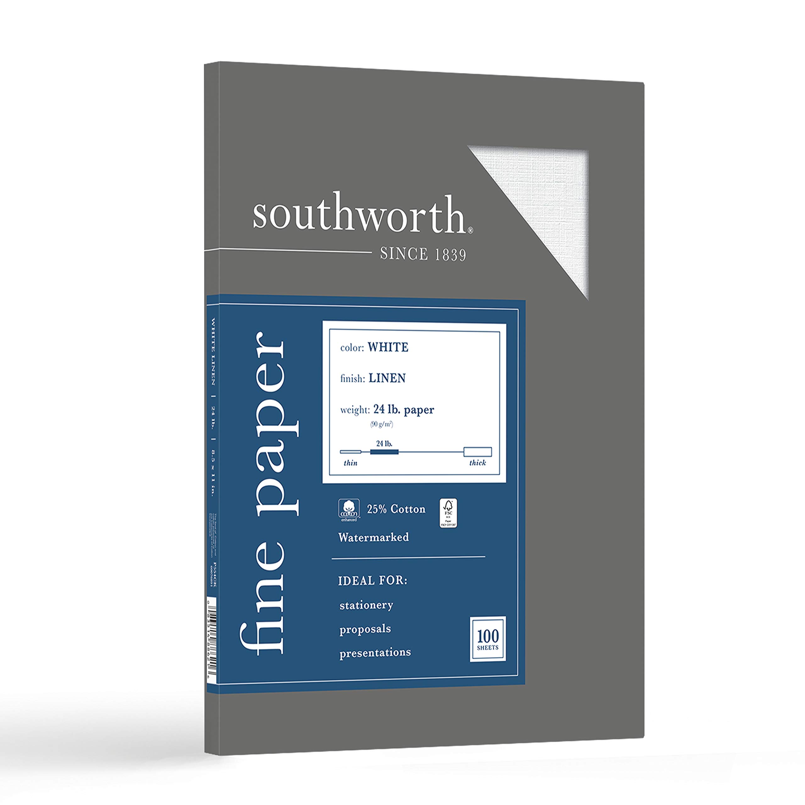 Southworth 25% Cotton Business Paper, 8.5” x 11", 24 lb., Linen Finish, White, 100 Sheet (P554CK)