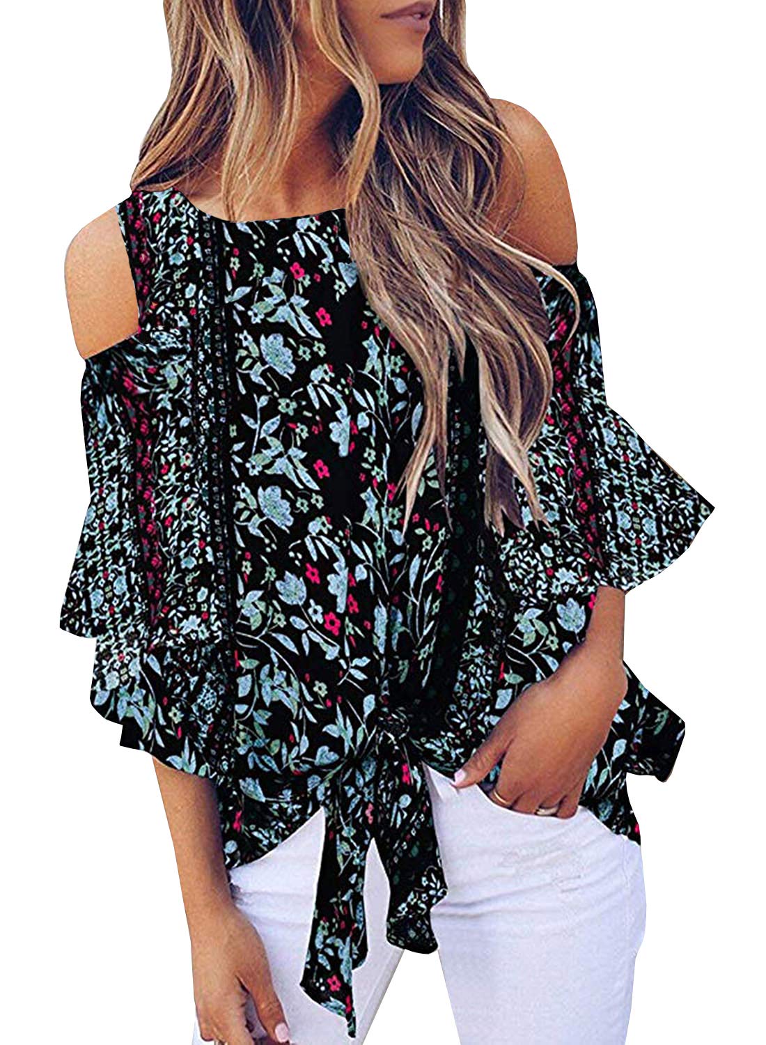 Chuanqi Womens Cold Shoulder Blouse Bell Sleeve Tie Knot Casual Summer Shirt Tops