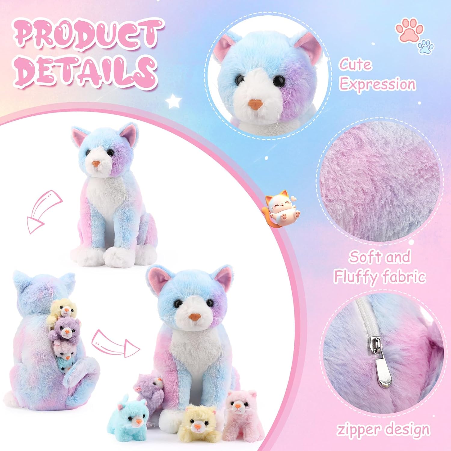 HyDren 5 Pcs Cat Stuffed Animal 13.78 Inch Large Plush Cat Mommy with 4 Kittens for Boys Girls Plush Toy, Birthday Gift, Valentine Gift(Colorful) image 3