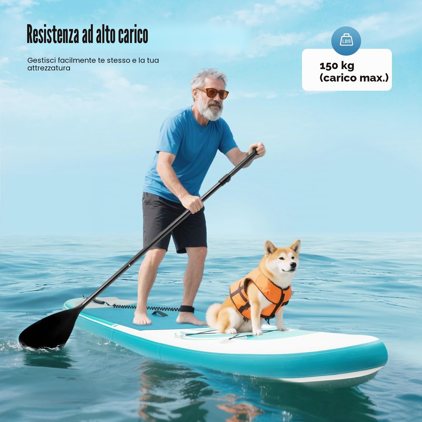 Tavola da SUP gonfiabile con pompa e pagaia regolabile, capacità di carico di 150 kg, per giovani e adulti (320 × 76 × 15 cm)