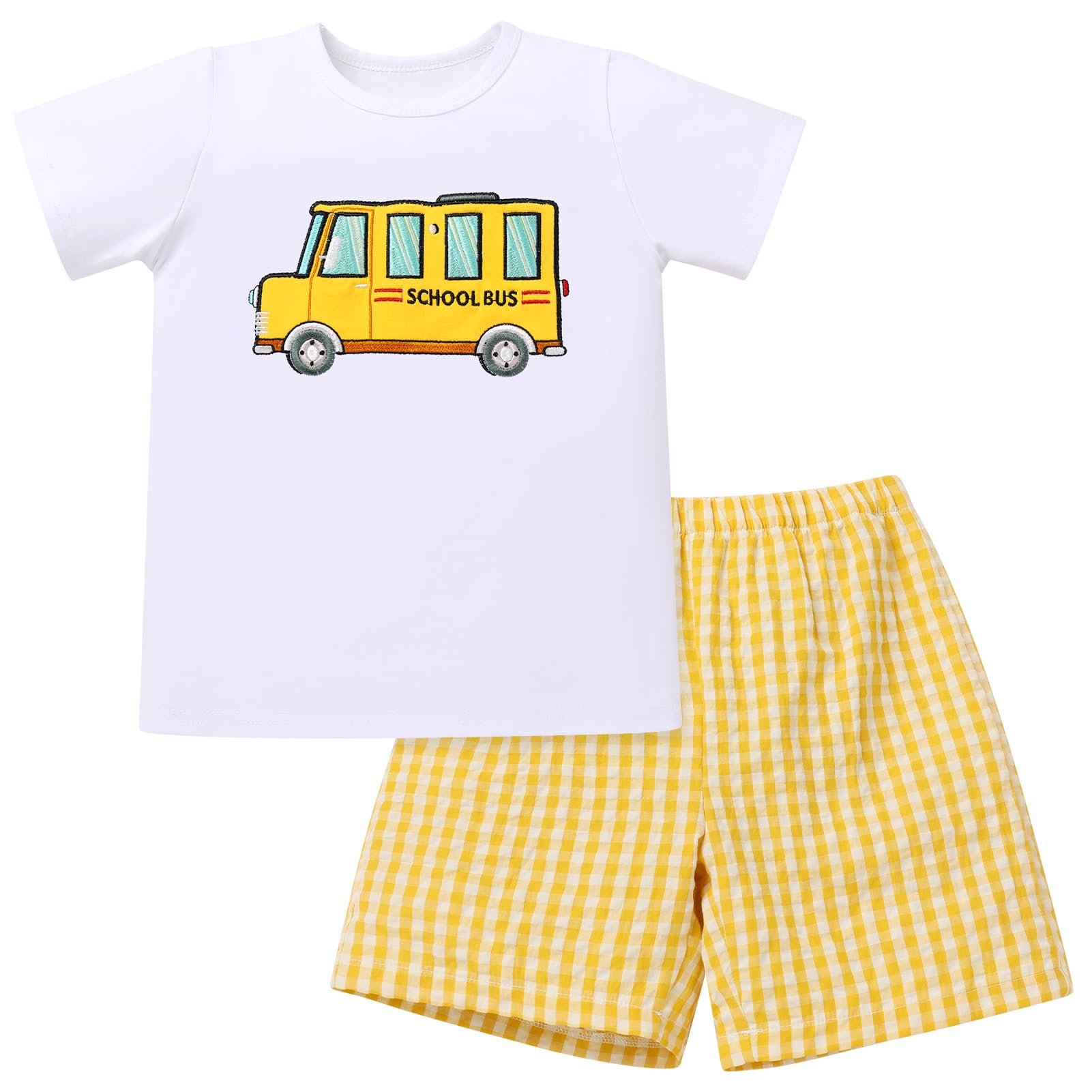 OBEEII Back to School Outfit Toddler Boy Short Sleeve Graphic Shirt Gingham Shorts First Day of School Summer Clothing Set