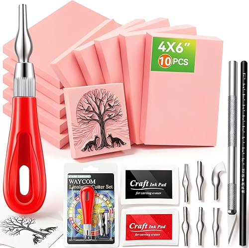 WAYCOM Paquete de 10 bloques de linóleo para impresión con herramientas de corte, kit de fabricación de sellos de goma, bloques de tallado de sellos