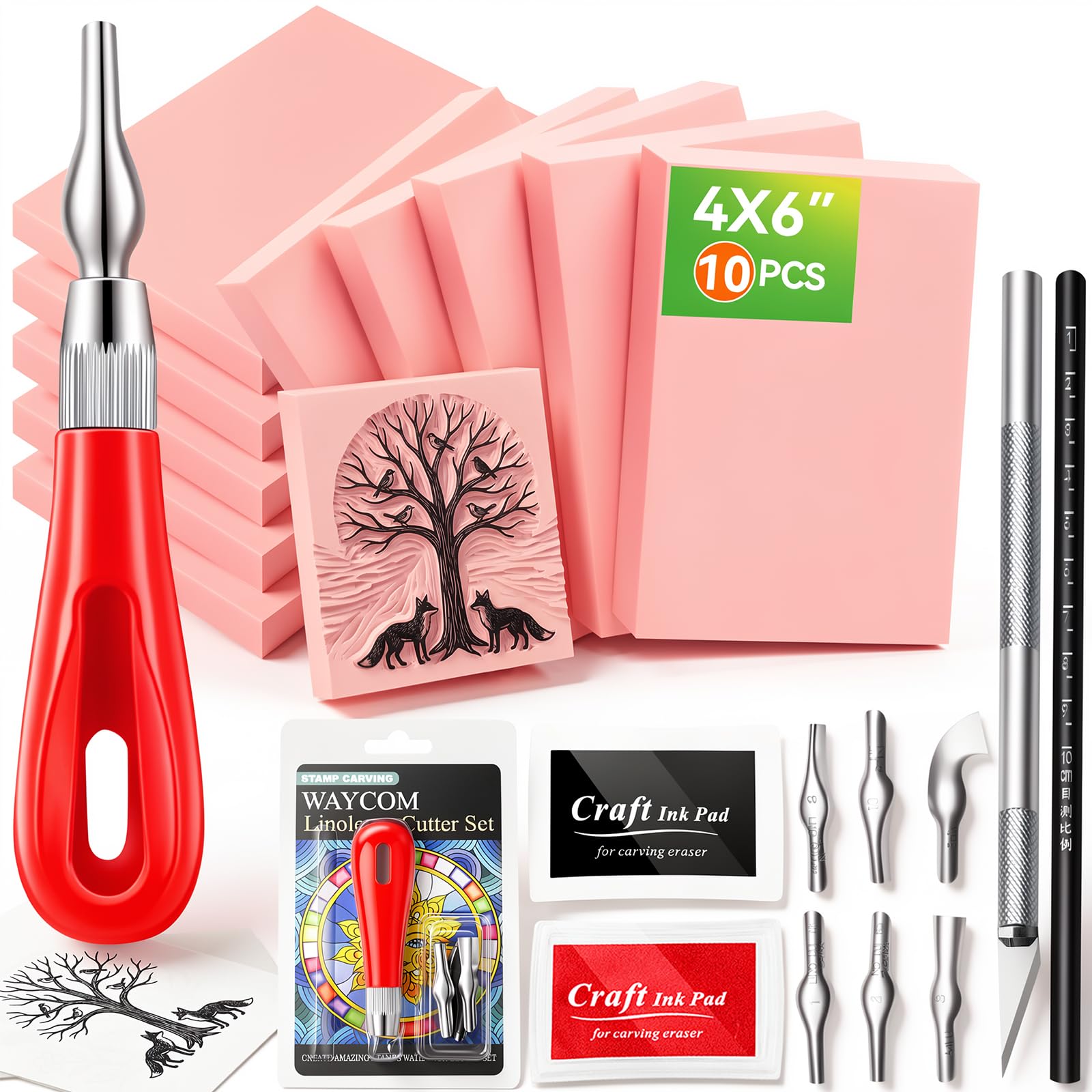 WAYCOM 10-Pack Linoleum Blocks for Printmaking with Cutter Tools, Rubber Stamp Making Kit Rubber Block Stamp Carving Blocks Craft Ink Pad Hobby Knife Pencil for DIY Printmaking,Printing and More