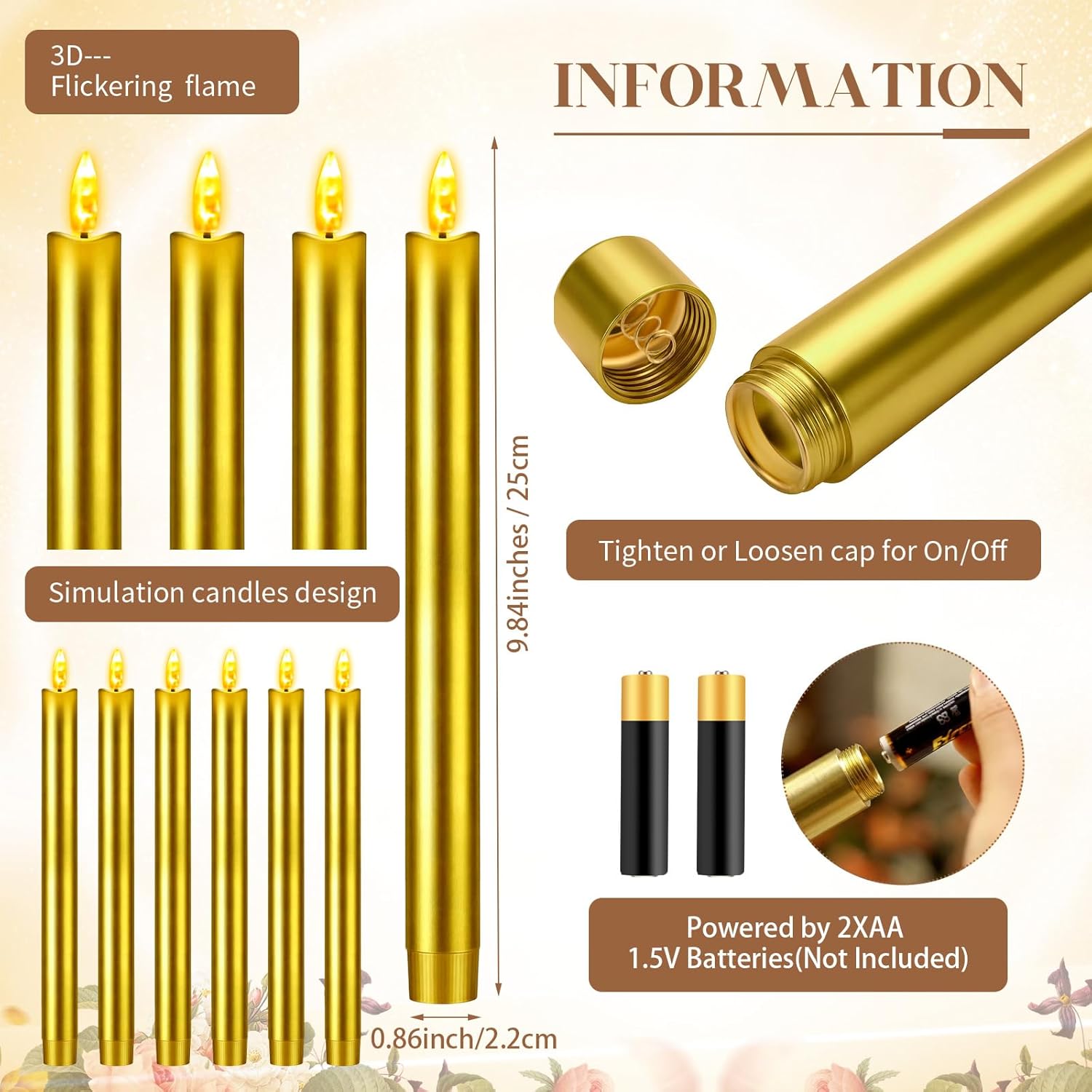 30 Pcs Gold Candlestick Holders with Flameless LED Candles Bulk Includes 15 Metal Candle Holders and 15 Battery Operated Gold Candles for Wedding Table Centerpieces Home Decor