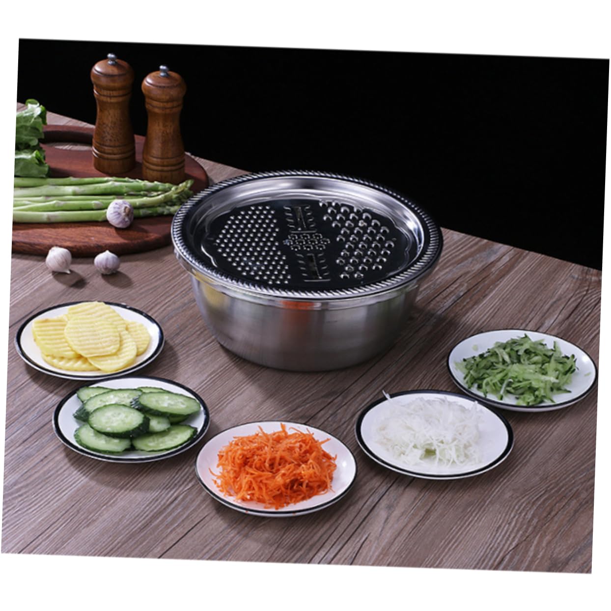PRETYZOOM Set Utensili da Cucina in Acciaio Inox 3 Pezzi, Bacinella Grattugia Multifunzione Argento, per Frutta e Radice Aromatica, Taglio e Scolatura Efficienti